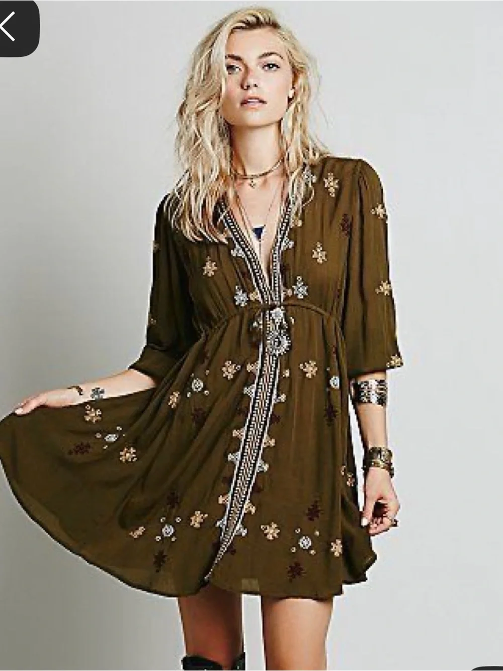 Free People Olive Green Embroidered Boho Mini Dress